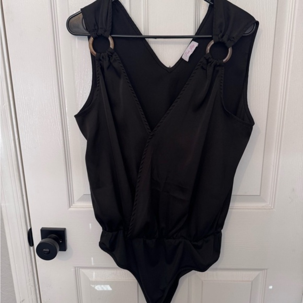 Pink Lily Black Silk Bodysuit with Ring Details NWOT